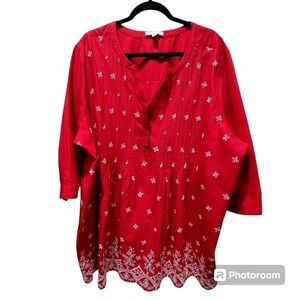 26/28 100% Cotton Embroidered Red Tunic Blouse VNeck Boho Summer